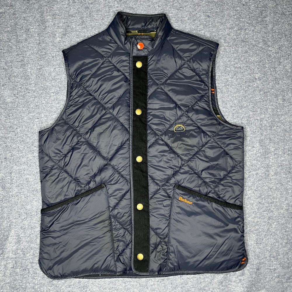 Barbour x Orvis Arbour Vest Mens Large Navy Blue Quilted Plaid Lined. Snap Front